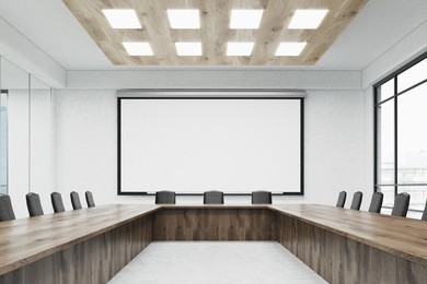 conference room interior with large wooden table, office chairs and big whiteboard. concept of business negotiation. 3d rendering. mock up. 