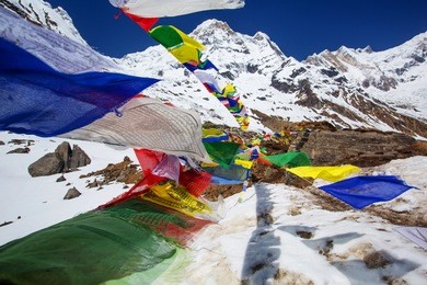 hiker on the trek in himalayas, annapurna valley, nepal