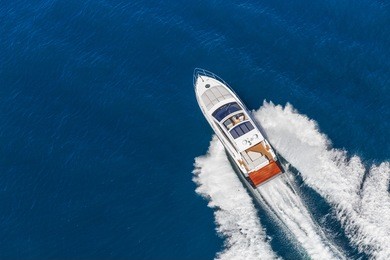 luxury motor boat, rio yachts italian shipyard, aerial view
