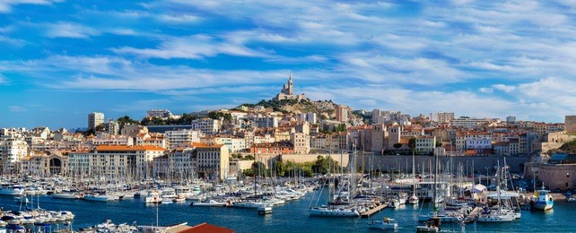 aerial panoramic view on basilica of notre dame de la garde and old port  in marseille, france