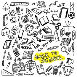 school icons, sketch collection in doodle style, vector illustration