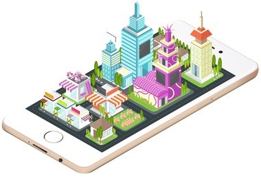building, house, commercial build and cityscape architecture on a smart phone mobile screen with network technology application concept in 3d isometric design in isolated background, create by vector
