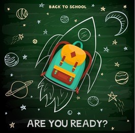 back to school creative background. school backpack on rocket. 