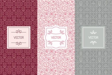 vector set of design elements, seamless patterns and label templates for cosmetic and beauty product packaging or business card backgrounds with copy space for text, in trendy minimal linear style 