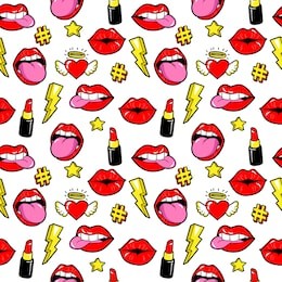 seamless pattern with fashion patch badges with lips, hearts, stars and other elements. vector background with stickers, pins, patches in cartoon 80s-90s comic style.