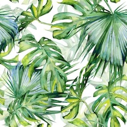 seamless watercolor illustration of tropical leaves, dense jungle. hand painted. banner with tropic summertime motif may be used as background texture, wrapping paper, textile or wallpaper design.