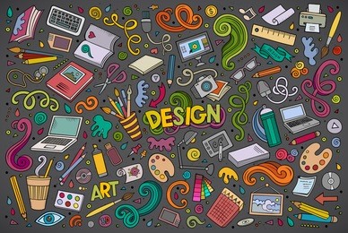 colorful vector hand drawn doodle cartoon set of design theme items, objects and symbols