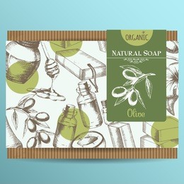 packaging of natural soap with olive. background with ingredients for organic soap. sketch freehand drawing in graphic style. vector illustration