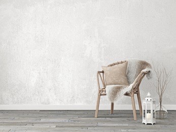 neutral interior mockup with wicker chair on empty wall background. 3d rendering.