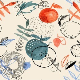 hand-drawn abstract autumn pattern with decorative watercolor and ink elements: apples, leaves, fruits. repeated seamless background.