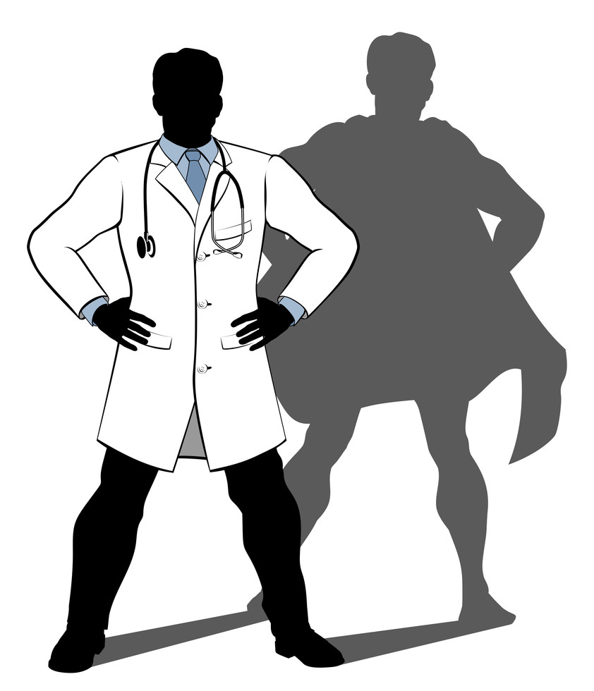 a doctor super hero silhouette conceptual illustration of a doctor standing with his hands on his hips with a shadow revealing him to be a hero or superhero
