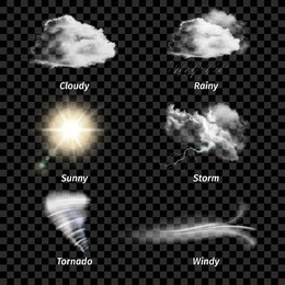 realistic isolated colored weather icon set with type of weather on transparent background vector illustration
