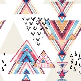 abstract watercolor geometric seamless pattern. triangles with aztec ornament, watercolor and grunge textures. geometrical background in tribal style. hand painted ethnic illustration