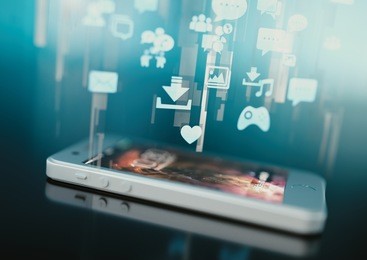 holographic smartphone icons with dim light - 3d illustration of smartphone social media usage. 