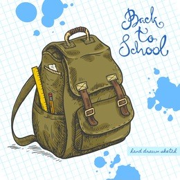 vector linear illustration of the green school bag on the textured paper sheet in cell. hand drawn color sketch of the knapsack with handwritten text back to school and ink blots.