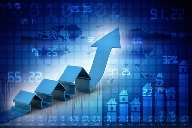 graph and houses: growth in real estate,3d illustration