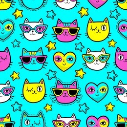 seamless pattern with fashion patch badges with cats, hearts and stars.vector background with stickers, pins, patches in cartoon 80s-90s comic style with neon colors.