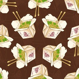 seamless pattern color chinese noodles box on dark background. 