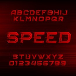 speed alphabet font. oblique dynamic red letters and numbers on a dark background. vector typeface for your design.