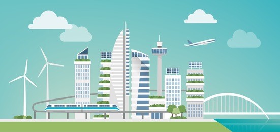 futuristic green city with wind turbines, skyscrapers and monorail, sustainability and innovation concept