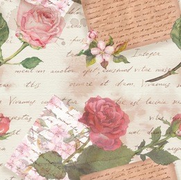 vintage aged paper with hand written letters and watercolor rose flowers for scrapbook. repeating background