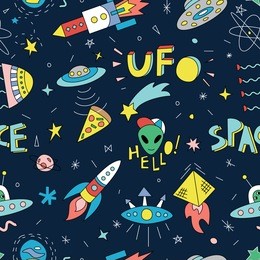 seamless pattern with funny cartoon spaceships