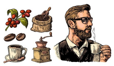 hipster barista holding a cup of hot coffee. sack with beans and wooden scoop, cup, branch with leaf and berry. vintage color vector engraving illustration. isolated on white background.