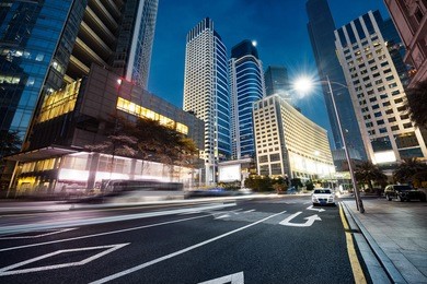 traffic light trails in modern street of  guangzhou,china