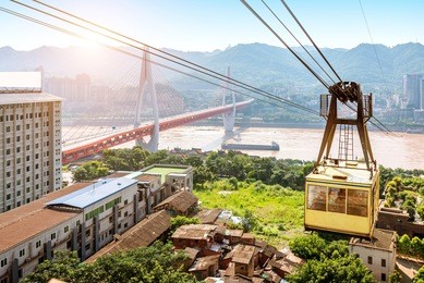 view from cableway over yangtze river in chongqing city (chongqing, china)