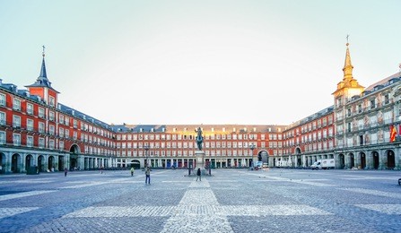 morning light at plaza mayor in madrid , spain