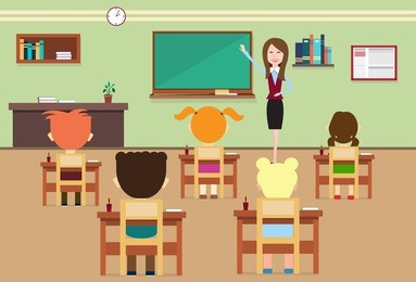 school lesson pupils and teacher in class room interior flat vector illustration