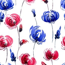 watercolor and ink illustration of red and blue chrisanthemiumflowers. oriental traditional painting in style sumi-e, gohua. decorative seamless patterns.