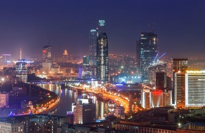 top view of moscow city skyline at night