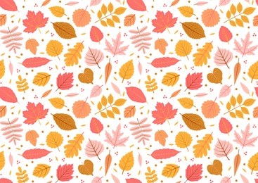 autumn seamless pattern with leaf, autumn leaf background. abstract leaf texture. cute backdrop. leaf fall. yellow, pink leaves. white background. the elegant the template for fashion prints. vector.
