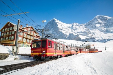 swiss train at kleine scheidegg station in jungfrau area.