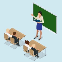 isometric school lesson. little students and teacher.classroom with green chalkboard. 