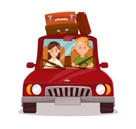 happy couple. car trip. young family man driving. isolated on white background