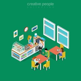 isometric flat eatery, canteen, cafe or dining room interior in school, college or university vector illustration. food and drink 3d isometry concept. coffee, snack donuts, desserts and lemonade.
