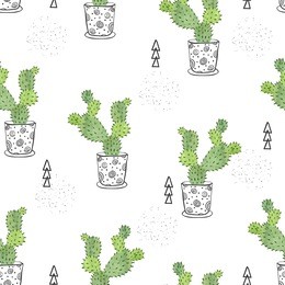 watercolor cactus seamless pattern. vector background with green cactus in the pots isolated on white.