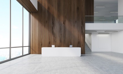 dark wood wall in office with reception counter and stairs. concept of business company building. 3d rendering. mock up