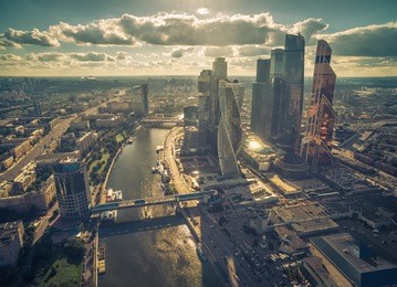 aerial view of moscow, russia. panorama of the city with moskva river. moscow from above on a sunny summer day. moscow skyline. the vintage photo. 