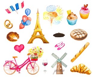 watercolor hand painted set on france, paris theme