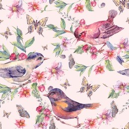 vintage watercolor floral seamless background, birds on a blooming branch with gentle pink flowers, butterflies and twigs, natural botanical watercolor illustration