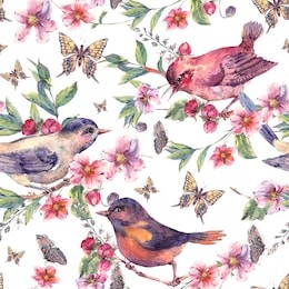 vintage watercolor floral seamless background, birds on a blooming branch with gentle pink flowers, butterflies and twigs, natural botanical watercolor illustration