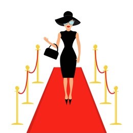 red carpet and rope barrier golden stanchions turnstile isolated woman in black hat, bag and sunglasses waving. rich beautiful celebrity girl fashion model white background flat design vector