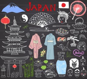 japan doodles set. hand drawn sketch vector illustration