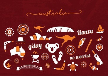 orange and white australia icon set on a deep red background
