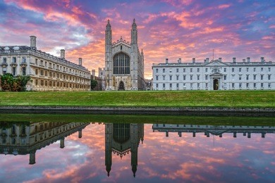 clare & king's college with beautiful sky at sunrise in cambridge, uk