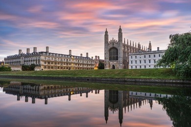 clare & king's college with beautiful sky at sunrise in cambridge, uk