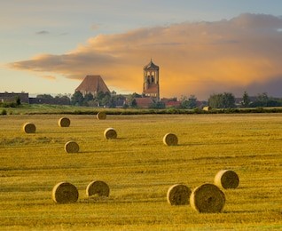 beauty storm cloud highlighted by the setting sun  over a field after harvest